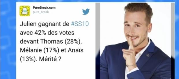 Julien, le gagnant de SS10, largement devant les autres candidats Thomas, Mélanie et Anaïs. Julien, le gagnant de SS10, largement devant les autres candidats Thomas, Mélanie et Anaïs.