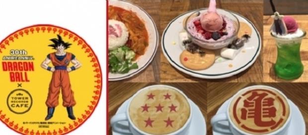 Portavasos de Goku y algunas de las especialidades que pueden disfrutar los fans en los cafés de Tower Records. Portavasos de Goku y algunas de las especialidades que pueden disfrutar los fans en los cafés de Tower Records.