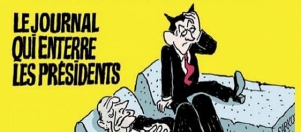 Portada del número 1.000 de 'Charlie Hebdo', donde mostraba a Sarkozy todavía vivo políticamente, al contrario que sus antecesores Mitterrand y Chirac Portada del número 1.000 de 'Charlie Hebdo', donde mostraba a Sarkozy todavía vivo políticamente, al contrario que sus antecesores Mitterrand y Chirac