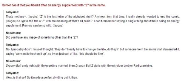 Fragmento de la entrevista en que Toriyama-Sensei explica el por que de la letra Z. Fragmento de la entrevista en que Toriyama-Sensei explica el por que de la letra Z.