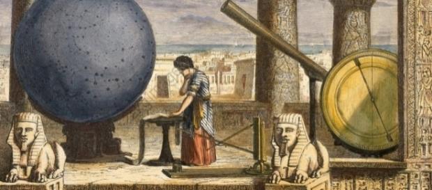 Astronomía antigua representada en un grabado iluminado de mediados del siglo XIX Astronomía antigua representada en un grabado iluminado de mediados del siglo XIX