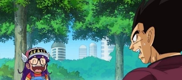 La carismática Arale-chan se ríe de Vegeta, la cara del Príncipe de los Saiyajin lo dice todo. La carismática Arale-chan se ríe de Vegeta, la cara del Príncipe de los Saiyajin lo dice todo.
