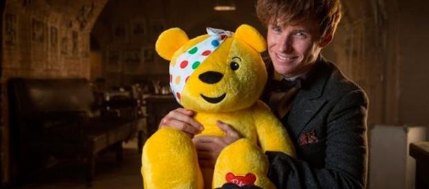 Eddie Redmayne sosteniendo a Paudsy el oso de Children in Need Eddie Redmayne sosteniendo a Paudsy el oso de Children in Need