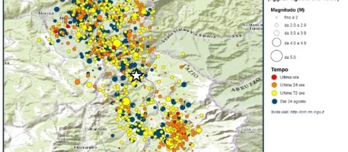 La mappa dei sismi fornita dall'INGV