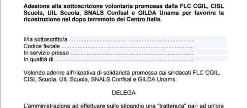 Modulo donazione scuole per le vittime del terremoto.