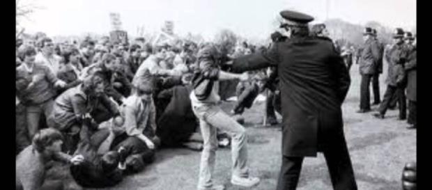 Police and miners clash at the 'Battle of Oregreave.' Police and miners clash at the 'Battle of Oregreave.'