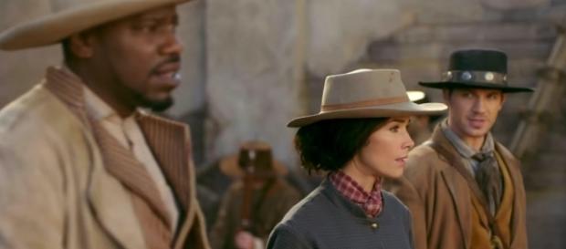 Rufus, Lucy, and Wyatt in 'Timeless'/Photo via screencap, 'Timeless' Rufus, Lucy, and Wyatt in 'Timeless'/Photo via screencap, 'Timeless'