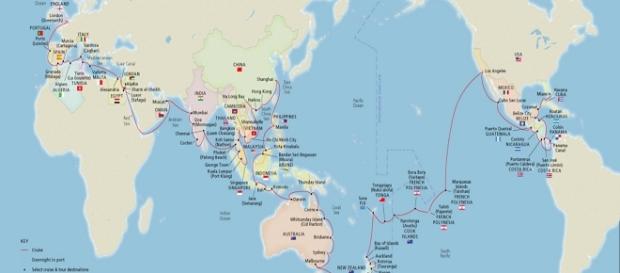 La rotta che seguirà la Viking Sun per effettuare il giro del mondo in 141 giorni. - Immagine da Vanity Fair La rotta che seguirà la Viking Sun per effettuare il giro del mondo in 141 giorni. - Immagine da Vanity Fair