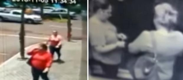Na imagem as duas mulheres saem do prédio levando na bolsa uma quantia enorme em jóias. Na imagem as duas mulheres saem do prédio levando na bolsa uma quantia enorme em jóias.