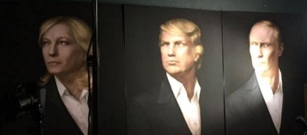 La o petrecere organizată de extrema dreapa pro-Kremlin din Moscova a fost afișat o pictură cu Tump, Putin și Marine Le Pen - Foto: Twitter La o petrecere organizată de extrema dreapa pro-Kremlin din Moscova a fost afișat o pictură cu Tump, Putin și Marine Le Pen - Foto: Twitter