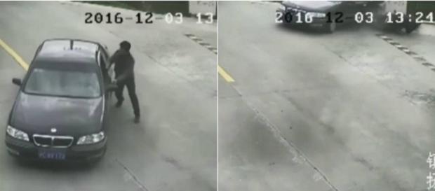 Chinês que se esqueceu de puxar freio de mão, tenta parar veículo que caiu no rio. Chinês que se esqueceu de puxar freio de mão, tenta parar veículo que caiu no rio.