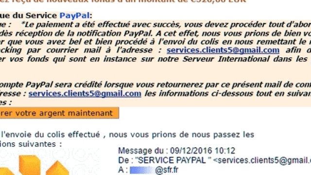La vendeuse a reçu, deux fois de suite, de deux faux acquéreurs, un courriel falsifié de ce type