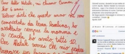 Ecco la letterina di Carmen, la bambina di sei anni protagonista della storia.