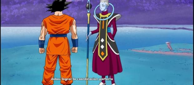 Goku hablando con Wiss sobre su entrenamiento Goku hablando con Wiss sobre su entrenamiento