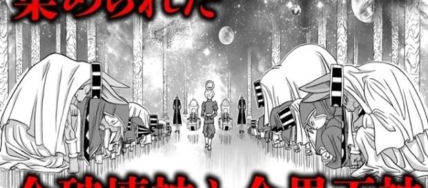 Textual: "Todos los dioses de la destrucción y Kaioh-Shin reunidos". Imagen extraída del Trailer. Textual: "Todos los dioses de la destrucción y Kaioh-Shin reunidos". Imagen extraída del Trailer.
