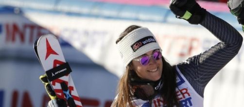 Sci alpino: Sofia Goggia durante i festeggiamenti di un suo podio.
