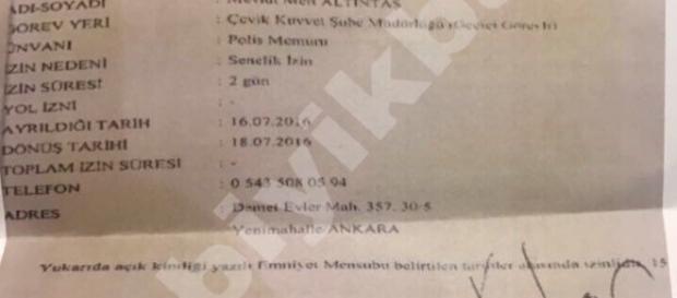 Documento oficial que permitiu Altıntaş a tirar dois dias de folga durante o golpe fracassado na Turquia. Documento oficial que permitiu Altıntaş a tirar dois dias de folga durante o golpe fracassado na Turquia.