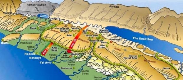 Die Herzkammer Israels ist nur 15 bis 25 km breit. (Illustration: Meir Kahane/ Ofra Field School) Die Herzkammer Israels ist nur 15 bis 25 km breit. (Illustration: Meir Kahane/ Ofra Field School)