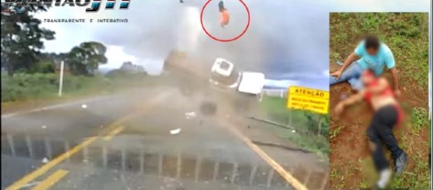 Logo após o passageiro da camionete ser arremessado para o ar, o motorista que nada sofreu correu para socorre-lo. Logo após o passageiro da camionete ser arremessado para o ar, o motorista que nada sofreu correu para socorre-lo.