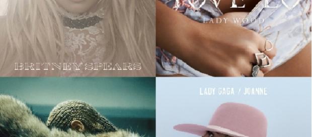 Na imagem: Glory de Britney, Lemonade de Beyoncé, Lady Wood de Tove Lo e Joanne de Gaga. Na imagem: Glory de Britney, Lemonade de Beyoncé, Lady Wood de Tove Lo e Joanne de Gaga.