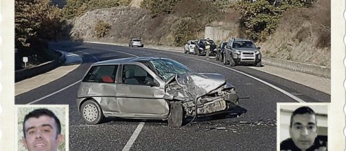 L'incidente stradale che è costato la vita a Roger Conteddu (foto piccola in basso a sinistra) e ad Antonio Cugusi, a sinistra.