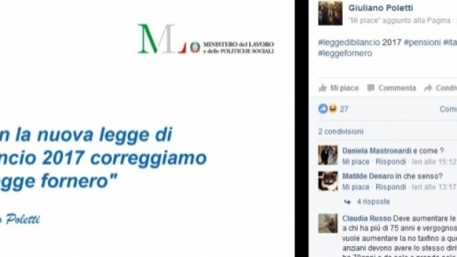 Riforma Pensioni, Poletti: con nuova legge di Bilancio correggiamo la Fornero, le novit&agrave; su Fb, news 3 dicembre 2016