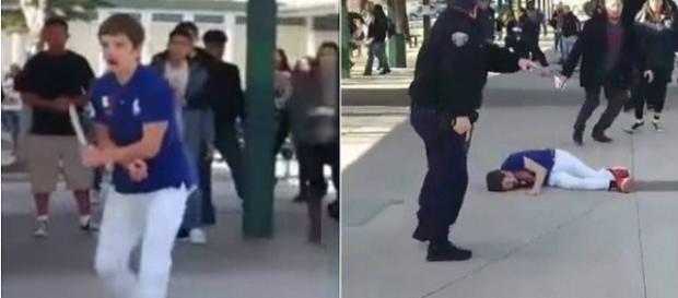 Na primeira imagem o garoto com um facão na mão e na outra ele já no chão depois de ser atingido pela polícia. Na primeira imagem o garoto com um facão na mão e na outra ele já no chão depois de ser atingido pela polícia.