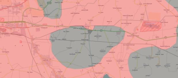 Esercito Siria= Rosso. Mappa di IUCA (via Twitter) Esercito Siria= Rosso. Mappa di IUCA (via Twitter)