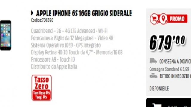 Volantino Mediaworld per Pasqua: iPhone 6S