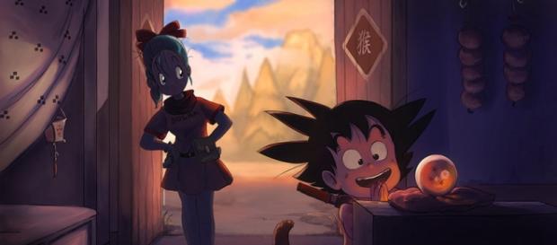 Gokú y Bulma con la esfera del dragón Gokú y Bulma con la esfera del dragón