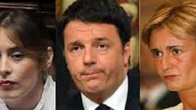 Matteo Renzi con Federica Guidi e il ministro Boschi