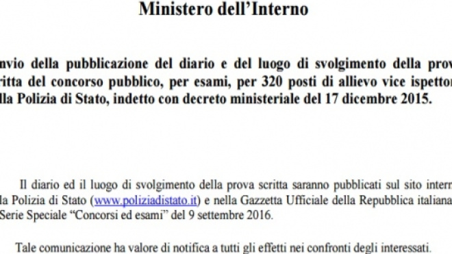 Concorso polizia di Stato 2016 per 320 vice ispettori