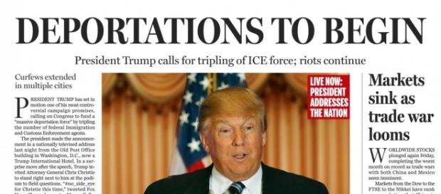 La portada falsa retrata un panorama deprimente en Estados Unidos si Trump alacanza la presidencia. / Boston Globe. La portada falsa retrata un panorama deprimente en Estados Unidos si Trump alacanza la presidencia. / Boston Globe.