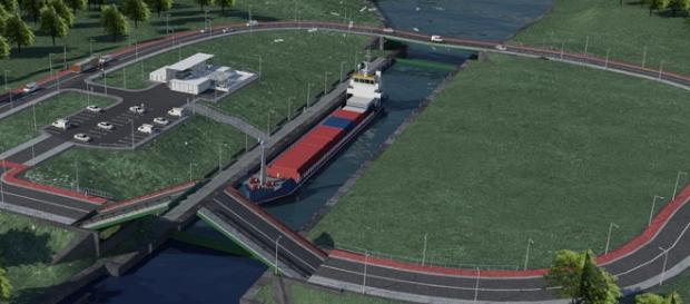 Wizualizacja projektowanego kanału przez Mierzeję Wiślaną. (Źródło: mgm.gov.pl) Wizualizacja projektowanego kanału przez Mierzeję Wiślaną. (Źródło: mgm.gov.pl)