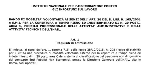 Bando di concorso dell’Inail per 20 posti