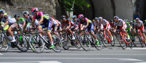 Il gruppo affronta una curva lungo le strade del Giro d'Italia