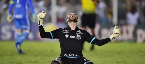 O goleiro Vanderlei comemorando a vitória do Santos sobe o Palmeiras O goleiro Vanderlei comemorando a vitória do Santos sobe o Palmeiras