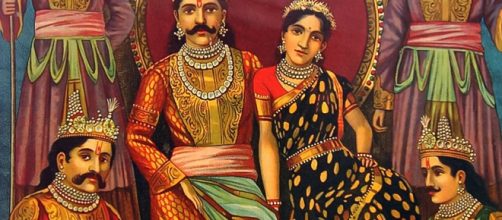 Draupadi e Pandavas illustrazione dell'epopea indiana Mahābhārata