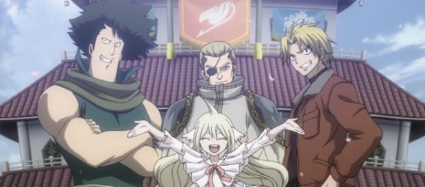 Fundadores de Fairy Tail: Mavis (centro), Yuri (drecha), Warrod (izquierda) y Prurehito Fundadores de Fairy Tail: Mavis (centro), Yuri (drecha), Warrod (izquierda) y Prurehito