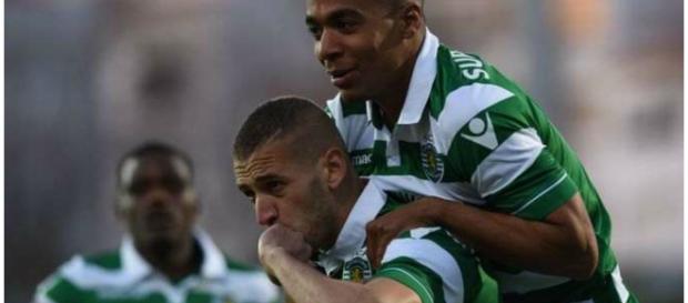 João Mário com atacante Slimani João Mário com atacante Slimani