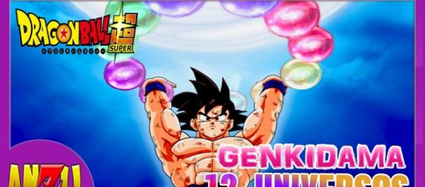 Goku realizando una Genkidama con el poder de los 12 universos. Goku realizando una Genkidama con el poder de los 12 universos.