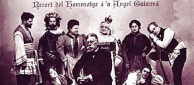 Àngel Guimerà rodeado de actores de una de sus obras. Àngel Guimerà rodeado de actores de una de sus obras.