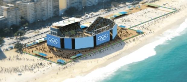 Ilustração da Arena do Vôlei de Praia, que ficará bem próxima à faixa de arrebentação das ondas Ilustração da Arena do Vôlei de Praia, que ficará bem próxima à faixa de arrebentação das ondas