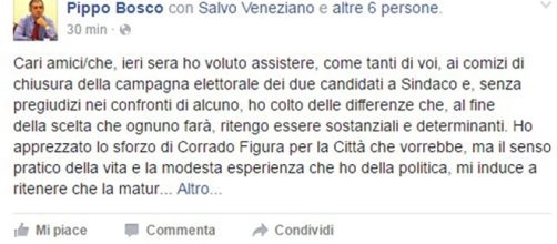 Pippo Bosco, candidato alle ultime comunali, rompe il silenzio elettorale del sabato.