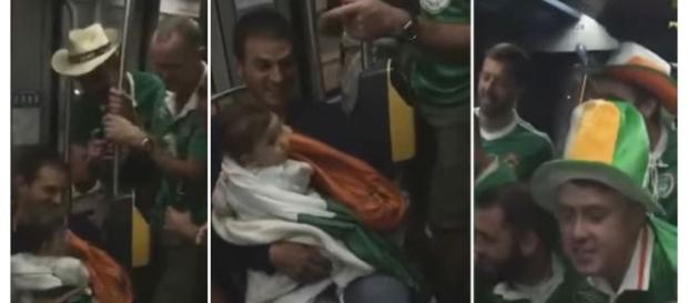 Adeptos irlandeses cantam canções de embalar a bebé francês no metro. Adeptos irlandeses cantam canções de embalar a bebé francês no metro.