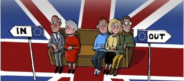 Dibujo que representa a ancianos y jóvenes británicos ante tener que elegir quedarse o irse de la UE. Dibujo que representa a ancianos y jóvenes británicos ante tener que elegir quedarse o irse de la UE.