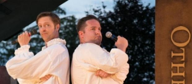 Jon Barker and Connor Carew “rap” Shakespeare à la “Hamilton.” Photo by Jerry Dalia, courtesy of The Shakespeare Theatre. used with permission. Jon Barker and Connor Carew “rap” Shakespeare à la “Hamilton.” Photo by Jerry Dalia, courtesy of The Shakespeare Theatre. used with permission.