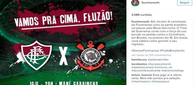 Flu convica torcida para lotar o mané garrincha contra o Corinthians (Fonte: Reprodução Instagram) Flu convica torcida para lotar o mané garrincha contra o Corinthians (Fonte: Reprodução Instagram)