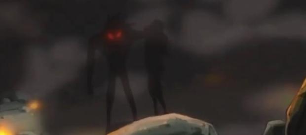 "Black" sosteniendo a una persona con silueta similar a Bulma. "Black" sosteniendo a una persona con silueta similar a Bulma.