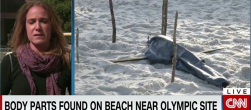 "Pedaços de corpos encontrados em praia próximo à local das olimpíadas", diz a manchete na TV